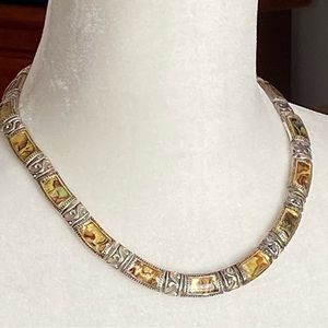 Vintage Art Deco Silver Choker Necklace With Inlay Stones